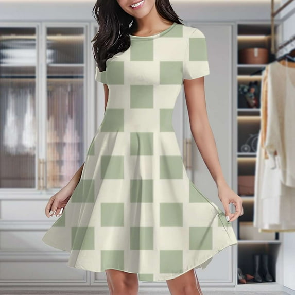 Sage Green Rectangle Pattern Design Women's Classic Swing Skater Dress Casual Work Party Cocktail Dresses