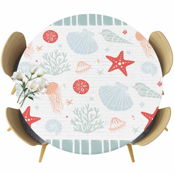 Sage Green Red Coastal Round Tablecloth 45-54 Inch Round Fitted Table Cloth with Elastic Edge, Ocean Nautical Starfish Coral Striped Waterproof Table Cover Protector for Outdoor Picnic Party Dining