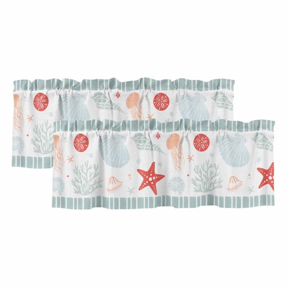 Sage Green Red Coastal Valances for Windows, Decorative Rod Pocket Window Valance Curtains, Ocean Nautical Starfish Coral Striped Short Curtain Drapes for Kitchen/Living Room, 2 Panels, 54" W x 18" L