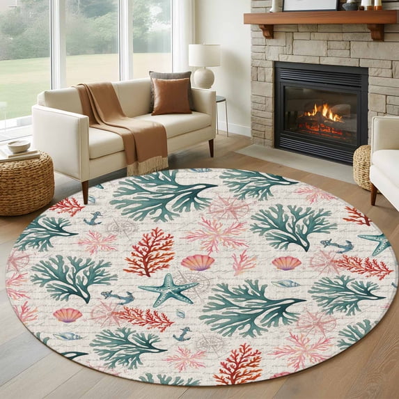 Sage Green Red Coral Round Rug 5ft Washable Circle Kitchen Rugs Non Slip Coastal Nautical Summer Beach Large Area Rug Indoor Floor Carpet for Bedroom Living Room Home Office Dining Room Nursery