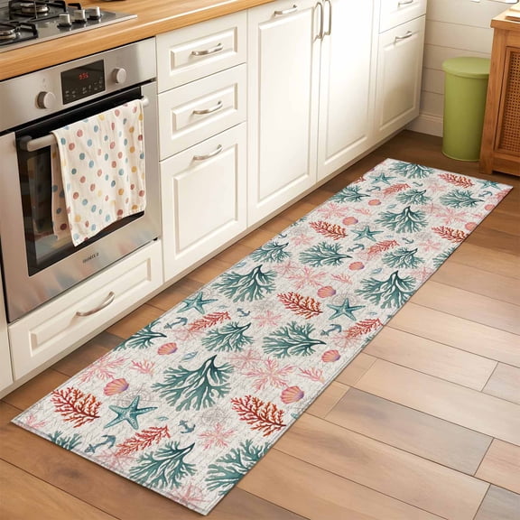 Sage Green Red Coral Runner Rug 2x6 FT, Non Slip Hallway Carpet, Coastal Washable Floor Carpet Throw Runner Carpet Long Rug for Entryway Kitchen Bedside Sliding Door