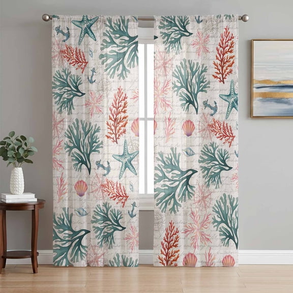 Sage Green Red Coral Semi Sheer Curtains 72 Inch Length 2 Panels Set, Coastal Sheer Kitchen Curtain Privacy Voile Window Curtain for Living Room Bedroom Rod Pocket Drapes