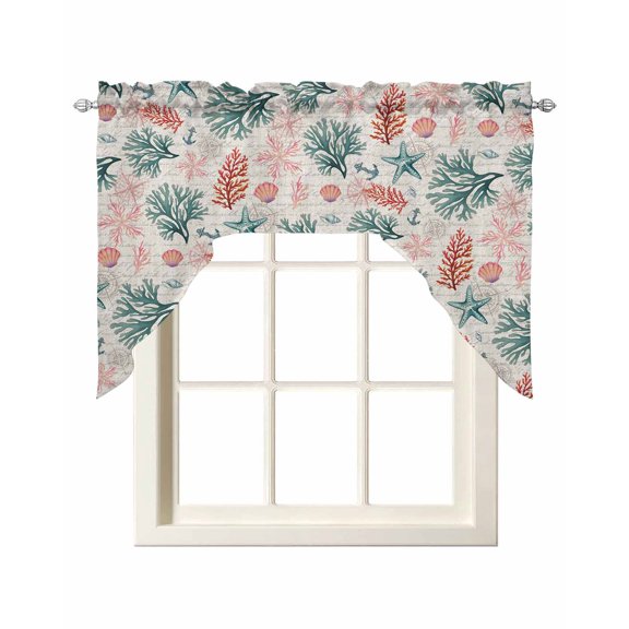 Sage Green Red Coral Swag Valances for Windows, Small Curtains Drapes, Coastal Nautical Summer Beach Kitchen Window Curtains Over Sink Rod Pocket Window Treatment Valance for Bedroom/Bathroom 56"x36"