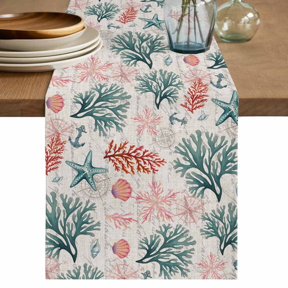 Sage Green Red Coral Table Runner, Coastal Nautical Summer Beach Washable Cotton Linen Table Runners 48 Inches Long, Dresser Scarf Runner for Nightstand/Coffee/End Tables 13''x48''