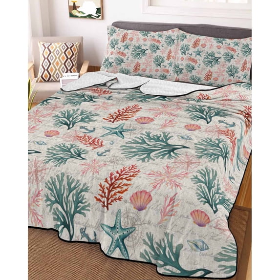 Sage Green Red Coral Twin XL Size Down Alternative Comforter, Lightweight Comforter Quilt Bedding Set with Pillow Shams Coastal Nautical Summer Beach All Seasons Bed Comforter Duvet Insert 68"x98"