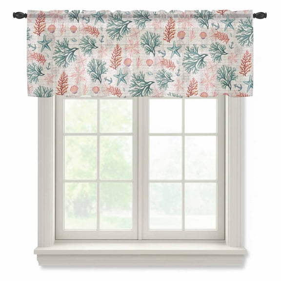Sage Green Red Coral Valance Curtains for Kitchen/Living Room/Bathroom/Bedroom Window, Rod Pocket Small Topper Half Short Window Curtains Voile Sheer Scarf, Coastal Nautical Summer Beach 54"x18"