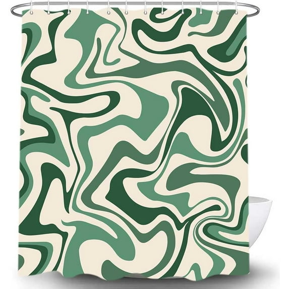 Sage Green Retro 70s Shower Curtain for Bathroom, Cute Abstract Swirls Vintage 1970s Hippie Bathroom Decor Shower Curtain Sets, Aesthetic Minimal Waterproof Fabric Bathroom Accessories with Hooks