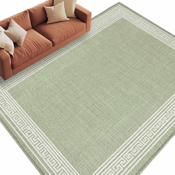Sage Green Retro Greek Key Large Area Rugs for Bedroom Living Room, Soft Non Slip Carpet Bedside Rug, Geometric Greece Ancient Rustic Rectangular Floor Cover Kitchen Accent Rug 6'x9' for Office