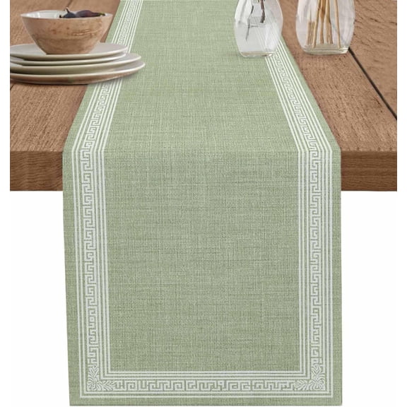 Sage Green Retro Greek Key Short Table Runners 36 Inches, Cotton Linen Fabric Table Runner Geometric Greece Ancient Meander Fret Tablerunner for Party/Kitchen/Dinner 13x36