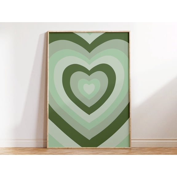 Sage Green Retro Heart Psychedelic Wall Art, Unframed Paper Print Size 8x12