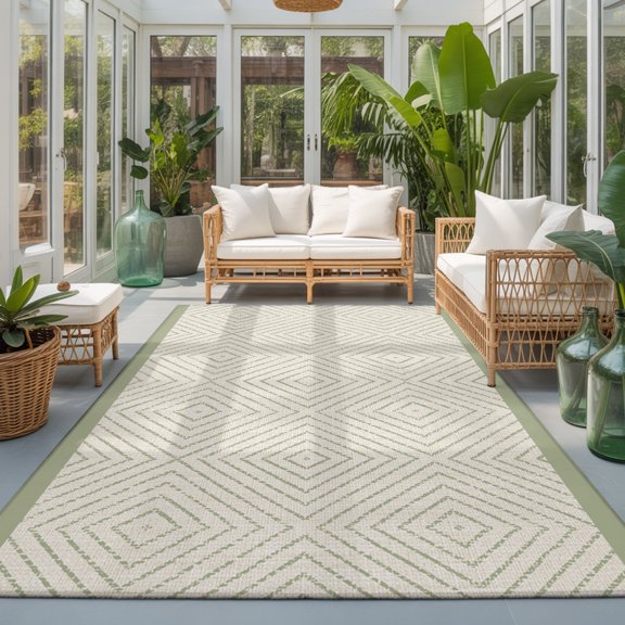 Sage Green Rhombus Frames 9'x12' Area Rugs for Living Room Sectional Sofa, Minimalist Boho Concentric Lines Washable Sturdy Non Slip Soft Sturdy Rectangle Home Area Rug
