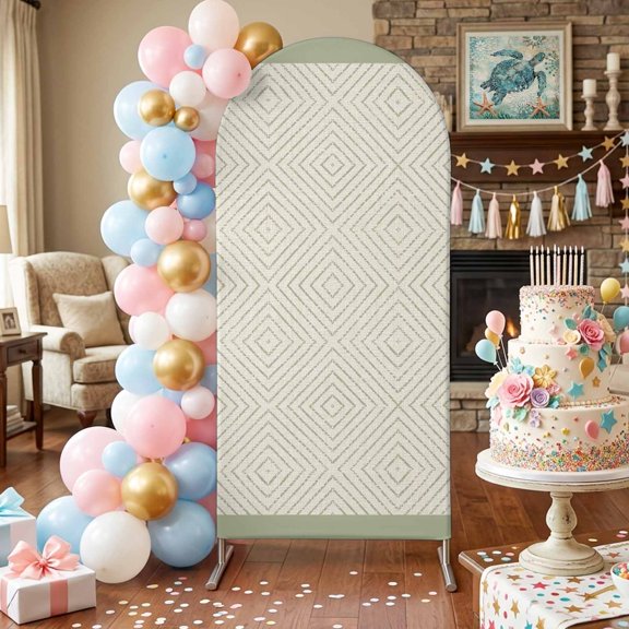 Sage Green Rhombus Frames Arch Backdrop Covers 4 FT, Minimalist Boho Concentric Lines Stretchy Fitted Arched Stand Covers Party Arch Stand Cover Photo Booth for Wedding Birthday Decor