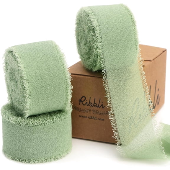 Sage Green Ribbon 1 Inch x 3 Rolls Total 24 Yards Green Handmade Fringe Chiffon Silk Ribbon for Wrapping Wedding Invitations Bridal Bouquets DIY Crafts Home Decor