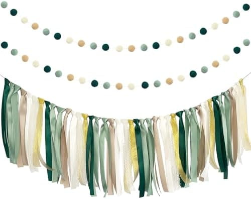 Sage Green Ribbon Felt Ball Garland Fabric Pom Pom Banner Tan Brown Ivory Gold Birthday Bridal Baby Shower Wall Hanging Party Decorations Wild Safari Jungle Botanical Greenery Decor Supplies