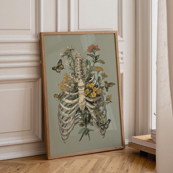 Sage Green Ribcage Botanical Vintage Floral Skeleton Anatomy Graphic Poster Unframed Paper Print