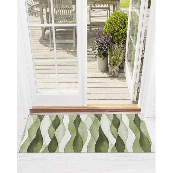 Sage Green Ripple Front Door Mat Abstract Gradient Watercolor Modern Welcome Doormat Indoor Outdoor Entrance Floor Mat Non-Slip Washable Runner Rug for Front Porch Decor 18x47 Inch