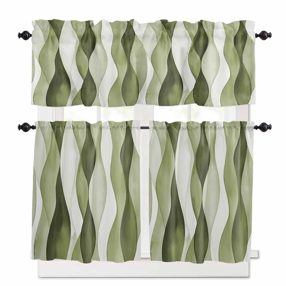Sage Green Ripple Kitchen Curtains and Valances Set, Abstract Gradient Watercolor Modern Rod Pocket Window Valance 18 Inch Window Curtain Panels for Living Room Bedroom Laundry, 27.5x24in, 3 Pieces