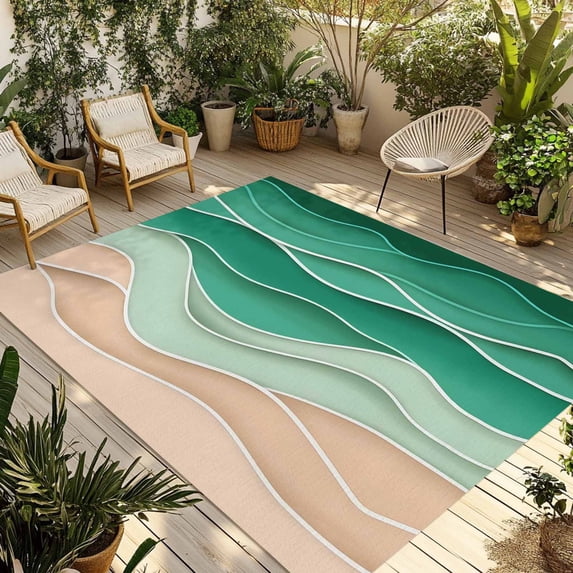 Sage Green Ripple Outdoor Rug, Sage Green Gradient Non-Slip Area Rugs Carpet Breathable Large Floor Mat for Outdoors Patio Porch Deck Beach 3’ x 5’