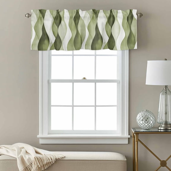 Sage Green Ripple Window Valance for Kitchen, Abstract Gradient Rod Pocket Short Curtain for Small Windows, Light Filtering Decorative Valance, 60 x 14 Inch, 1 Panel
