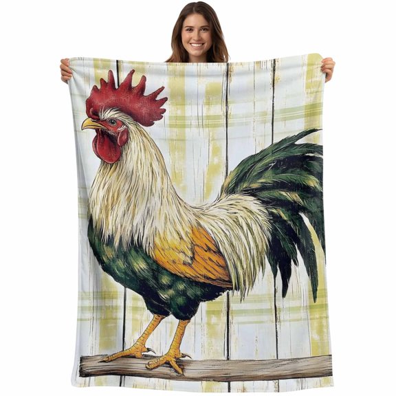 Sage Green Rooster Blanket Soft Cozy Warm Throw Blanket for Couch, Plush Fuzzy Flannel Fleece Blankets for Sofa, Retro Animals Wooden Watercolor Bed Blankets Lightweight Gifts for Women, 30"x40"