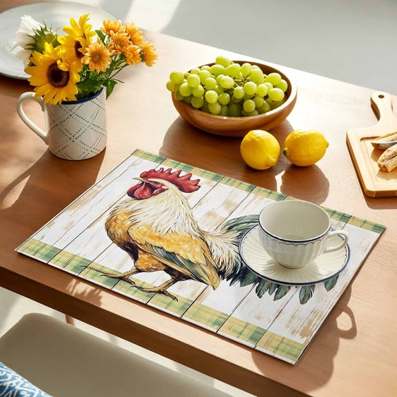 Sage Green Rooster Placemats Set of 1, Vintage Animal Country Farmhouse Wood Grain Non-Slip Place Mats Washable Table Mats for Kitchen Dining Table Decorations Indoor/Outdoor