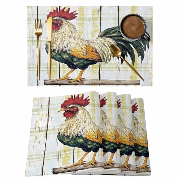 Sage Green Rooster Placemats Set of 4 Retro Animals Wooden Watercolor Place Mats Indoor Wipeable Table Mats Washable Cloth Dining Table Placemats for Kitchen Holiday Party Home Decor 13x19 Inch