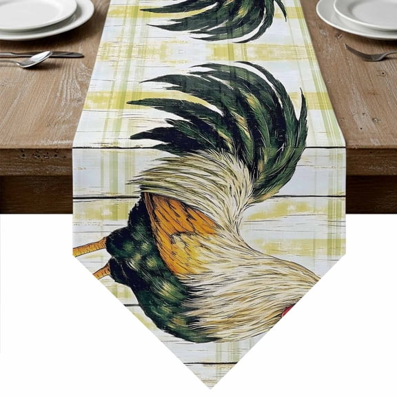 Sage Green Rooster Table Runner Linen Burlap Table Runner 36 Inches Small Retro Animals Wooden Watercolor Dresser Scarves for Kitchen Island Coffee Dining Party Wedding Banquet Holiday Decor 13"x36"