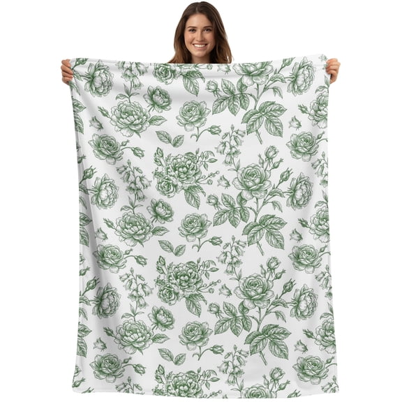 Sage Green Rose Blanket Soft Cozy Warm Throw Blanket for Couch, Plush Fuzzy Flannel Blankets for Sofa, Rustic Vintage Botanical Floral Watercolor Bed Blankets Lightweight Gifts for Women, 30"x40"