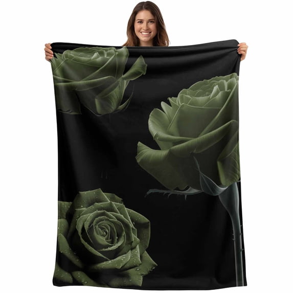 Sage Green Rose Blanket Soft Cozy Warm Throw Blanket for Couch, Plush Fuzzy Flannel Fleece Blankets for Sofa, Vintage Abstract Garden Flower Floral Black Bed Blankets Gifts for Men, 50"x60"