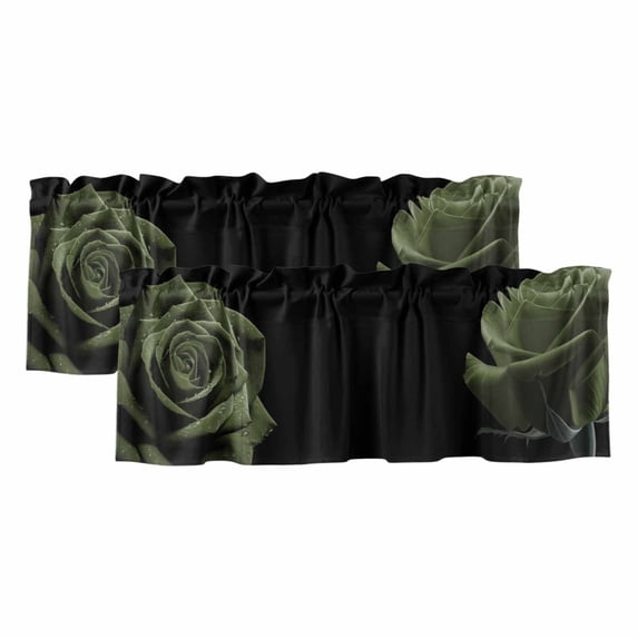 Sage Green Rose Curtain Valances for Windows, Kitchen Valance Window Treatments Panel 2 Pack, Vintage Abstract Garden Flower Floral Black Rod Pocket Short Curtains for Bathroom Bedroom 42 x 18 Inch