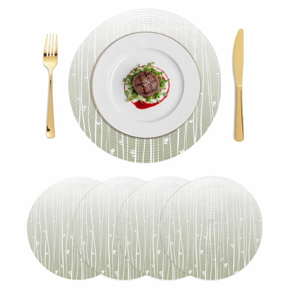 Sage Green Round 13 Inch Placemats Set of 4, Floral Stripe Gradient Simple Branch Texture HeatResistant Non Slip Place Mats for Dining Table, Wipeable Braided Kitchen Table Mats for Housewarming