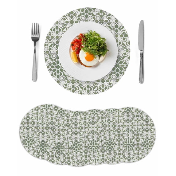 Sage Green Round 13 Inch Placemats Set of 6, Retro Abstract Morocco Geometric Texture HeatResistant Non Slip Place Mats for Dining Table, Wipeable Braided Kitchen Table Mats for Housewarming