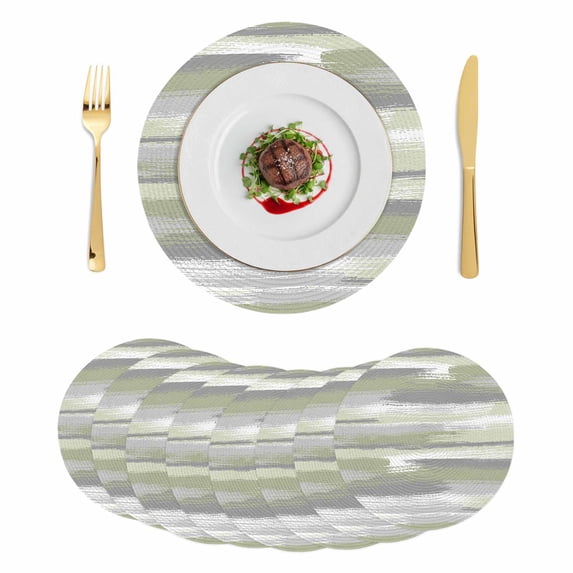 Sage Green Round 15 Inch Placemats Set of 8, Modern Abstract Grey Striped Art HeatResistant Non Slip Place Mats for Dining Table, Wipeable Braided Kitchen Table Mats for Housewarming