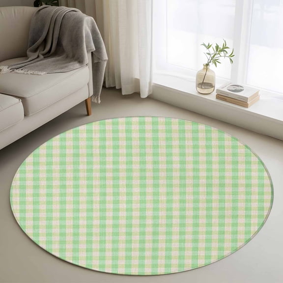 Sage Green Round Area Rug 3.3 FT, Non Slip Small Entryway Kitchen Mat, Grid Checkered Plaid Gingham Lattice Trellis Washable Soft Circular Rug Non-Shedding Door Mat for Bathroom Playroom Kids Room