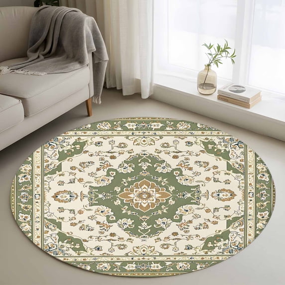 Sage Green Round Area Rug 4 FT, Non Slip Indoor Outdoor Rug, Southwest Tribal Antique Boho-Chic Farmhouse Washable Soft Circular Carpet Non-Shedding Floor Mat for Coffee Table Nursery Foyer Balcony