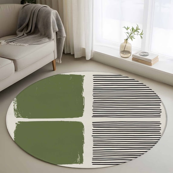 Sage Green Round Area Rug 4Ft Washable Circle Rugs for Bedroom Dining Room, Modern Painting Farmhouse Striped Abstract Art Non-Slip Carpet Floor Mats Indoor Outdoor Carpet Runner Aesthetic Home Decor