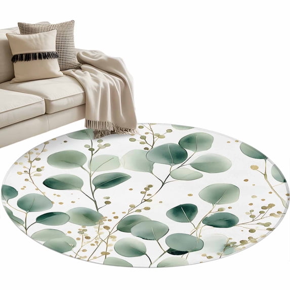 Sage Green Round Area&nbsp;Rug 3.3ft Eucalyptus Leaves Rustic Watercolor Plant Leaf Non-Slip&nbsp;Washable Circle Rugs Soft Felt Indoor Floor Mat for Bedroom Kitchen Living Room Bathroom