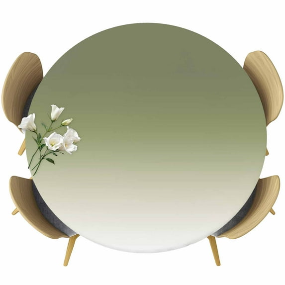 Sage Green Round Fitted Table Cover and Beige Ombre Color Gradient Waterproof Table Cloth with Elastic Edge Wipeable Tablecloth for Picnic Camping Party Fits 36"-44" Diameter