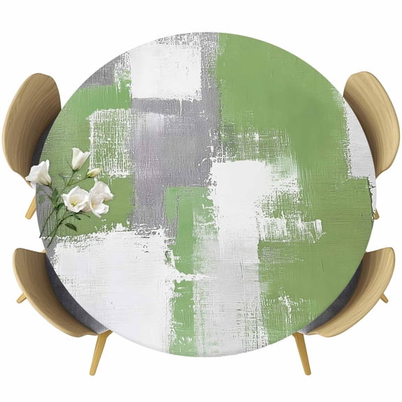 Sage Green Round Fitted Table Cover Gray Graffiti Color Block Abstract Geometric Art Waterproof Table Cloth with Elastic Edge Wipeable Tablecloth for Picnic Camping Party Fits 36"-44" Diameter