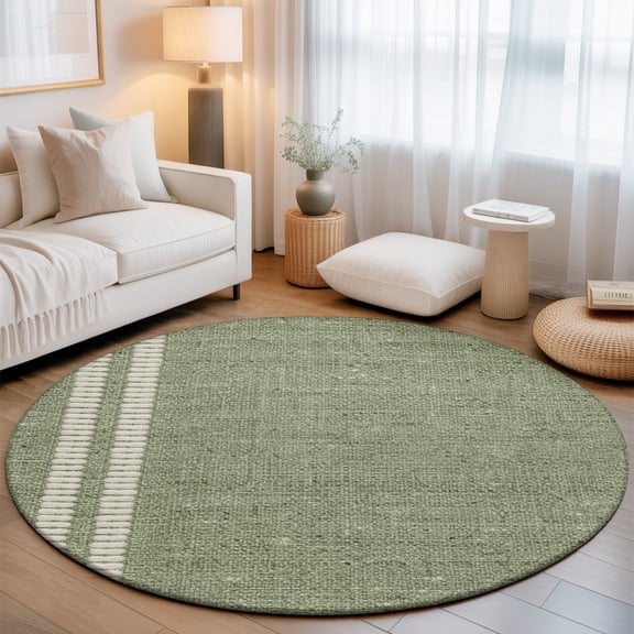 Sage Green Round Living Room Rugs 5 ft, Oatmeal Beige Green Woven Fabric Texture Rustic Farmhouse Washable Area Rug with Non-Slip Sturdy Edge Binding Round Carpet for Entryway Kitchen Bathroom