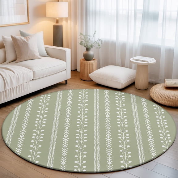 Sage Green Round Living Room Rugs 7 ft, Rustic Vertical Dashed Lines Shabby Chic Leaf Cottagecore Washable Area Rug with Non-Slip Sturdy Edge Binding Round Carpet for Kitchen Office Bedroom