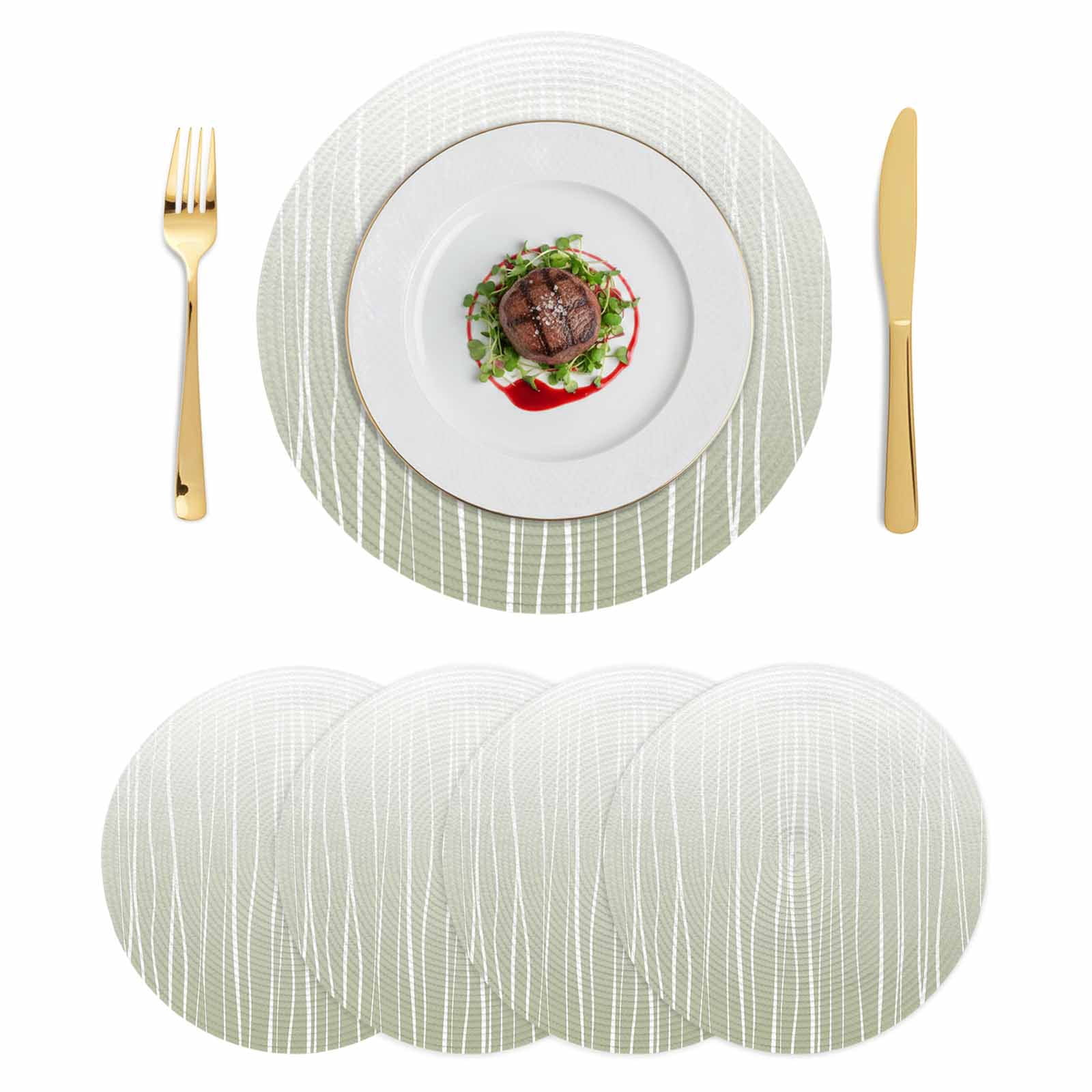 Sage Green Round Placemats Set of 4 Ombre Gradient Striped Minimalist Texture Place Mats Indoor Woven Table Mats Washable Heat-Resistance Braided Dining Table Placemats for Kitchen Party 15 Inch