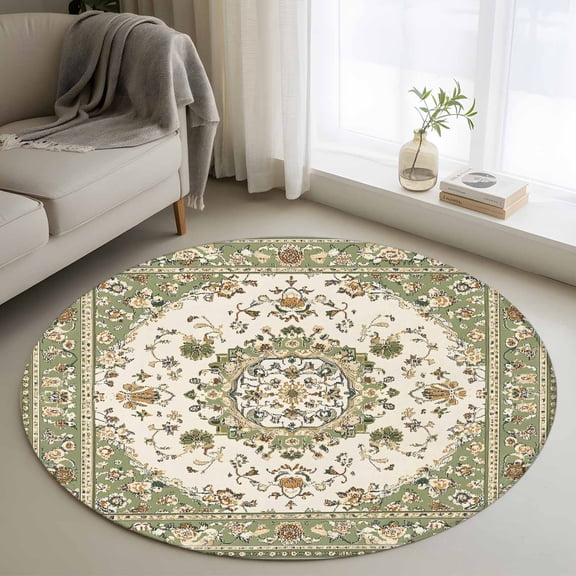 Sage Green Round Rug 3ft Washable Circle Entryway Rugs Non Slip Southwest Tribal Antique Boho-Chic Country Area Rug Indoor Floor Carpet for Bedroom Kitchen Living Room Home Office Dining Room Nursery