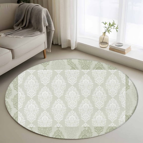 Sage Green Round Rug 4ft Washable Circle Entryway Rugs Non Slip Vintage Elegant Abstract Art Area Rug Indoor Floor Carpet for Bedroom Kitchen Living Room Home Office Dining Room Nursery