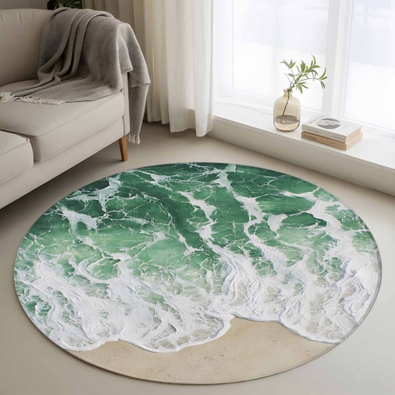 Sage Green Round Rugs for Living Room 3ft Ocean Wave Coastal Beach Seaside Scenery Abstract Non Slip Circle Rug Washable Low-Profile Indoor Carpet for Bedroom, Dining Room, Bathroom