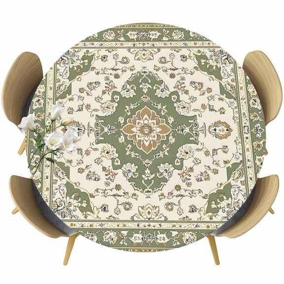 Sage Green Round Tablecloth 36-44 Inch Round Fitted Table Cloth with Elastic Edge, Southwest Tribal Antique Boho-Chic Farmhouse Waterproof Table Cover Protector for Outdoor Picnic Party Dining