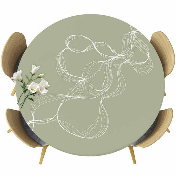 Sage Green Round Tablecloth 45-54 Inch Round Fitted Table Cloth with Elastic Edge, Minimalist Abstract Modern White Art Waterproof Table Cover Protector for Outdoor Picnic Party Dining