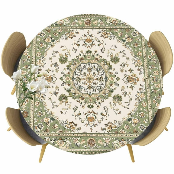 Sage Green Round Tablecloth 55-60 Inch Round Fitted Table Cloth with Elastic Edge, Southwest Tribal Antique Boho-Chic Country Waterproof Table Cover Protector for Outdoor Picnic Party Dining