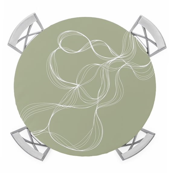 Sage Green Round Tablecloth for 55-60 Inch Tables, Fitted Table Cover with Elastic Edge, Minimalist Abstract Modern White Art Waterproof Outdoor Table Cloth Protector for Patio Garden Dinner Picnic