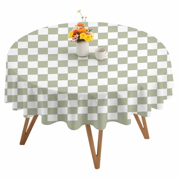 Sage Green Round Tablecloth 60 inches Checkerboard Plaid Waterproof Oil-Proof Table Cloth Round Table Cover for Holiday Party Picnic Dinner Decor Indoor and Outdoor Use
